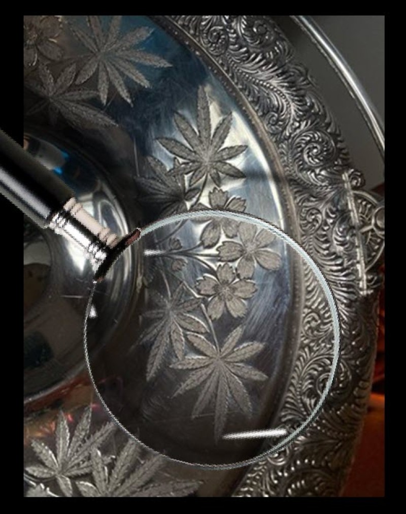 silver platter with hemp leaves